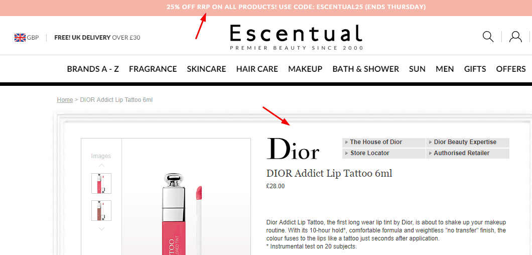 Escentual官網2020優惠碼,  全場無門檻75折促銷，Dior超糢染唇液唇釉 421奶茶色售價£28